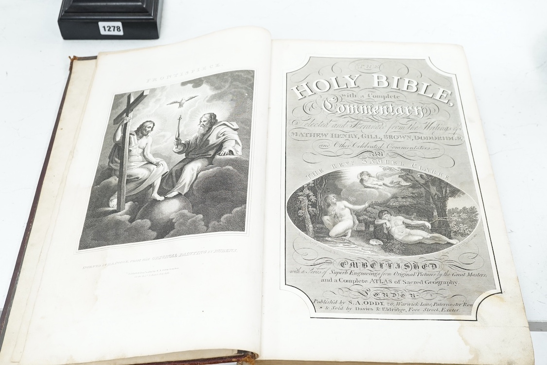 [BIBLE] The Holy Bible, with a Complete Commentary ... (edited) by the Revd. Samuel Clarke. pictorial engraved title, plates and maps; contemp. gilt red morocco, folio. S.A. Oddy, (?1813) *Old Testament only. Condition -